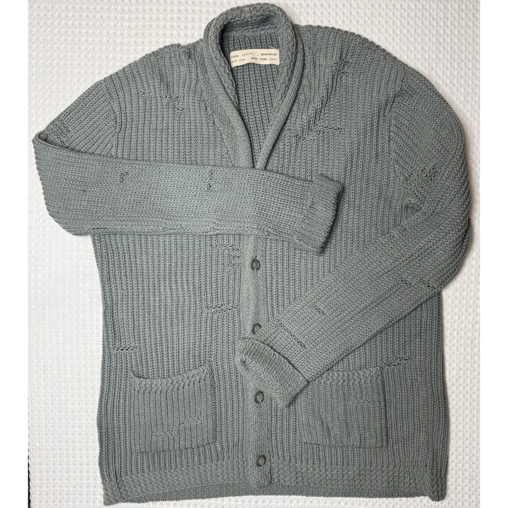 Yigal Azrouel Men's Cardigan Sweater Shawl Collar LG Cotton Distressed Rib Knit